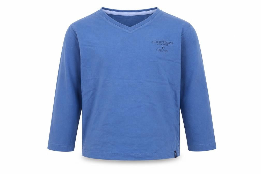 Front view of Okaidi boys’ blue cotton basic t-shirt, size 4, years v-neck pullover