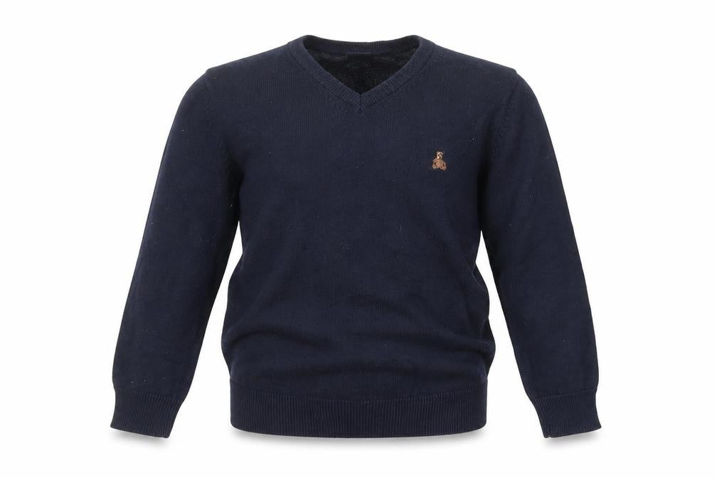 Front view of Gap boys’ blue v-neck cotton jumper, size 4, years pullover