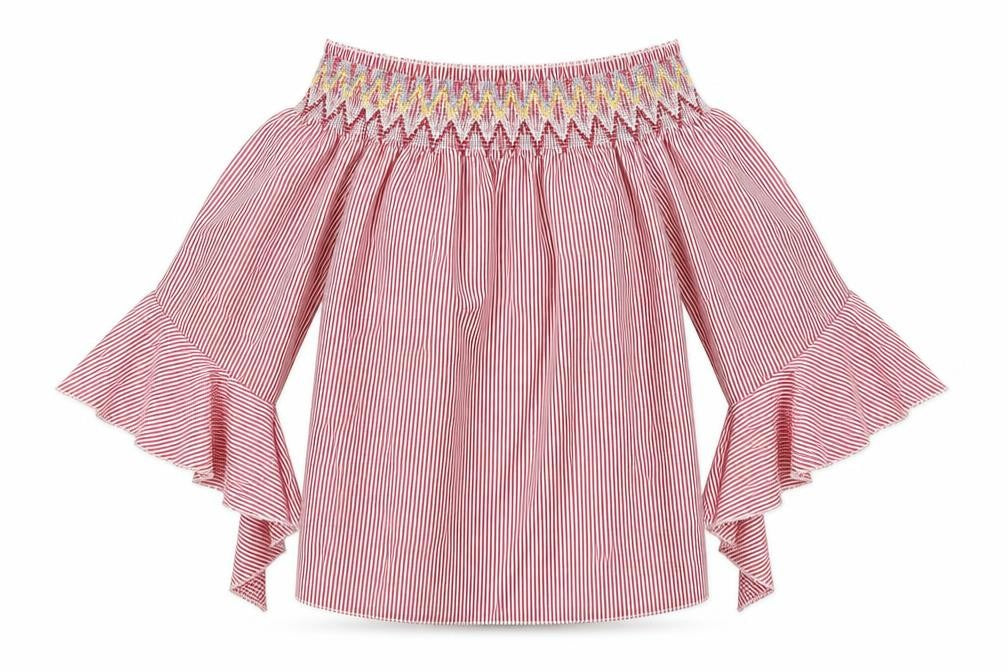 Front view of Mata women’s red striped polyester basic blouse, size S, off the shoulder
