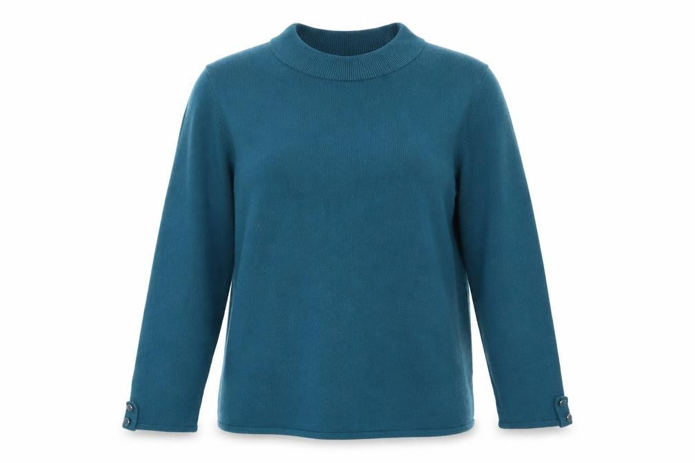 Front view of Bonmarché women’s black crew neck acrylic jumper, size UK 16