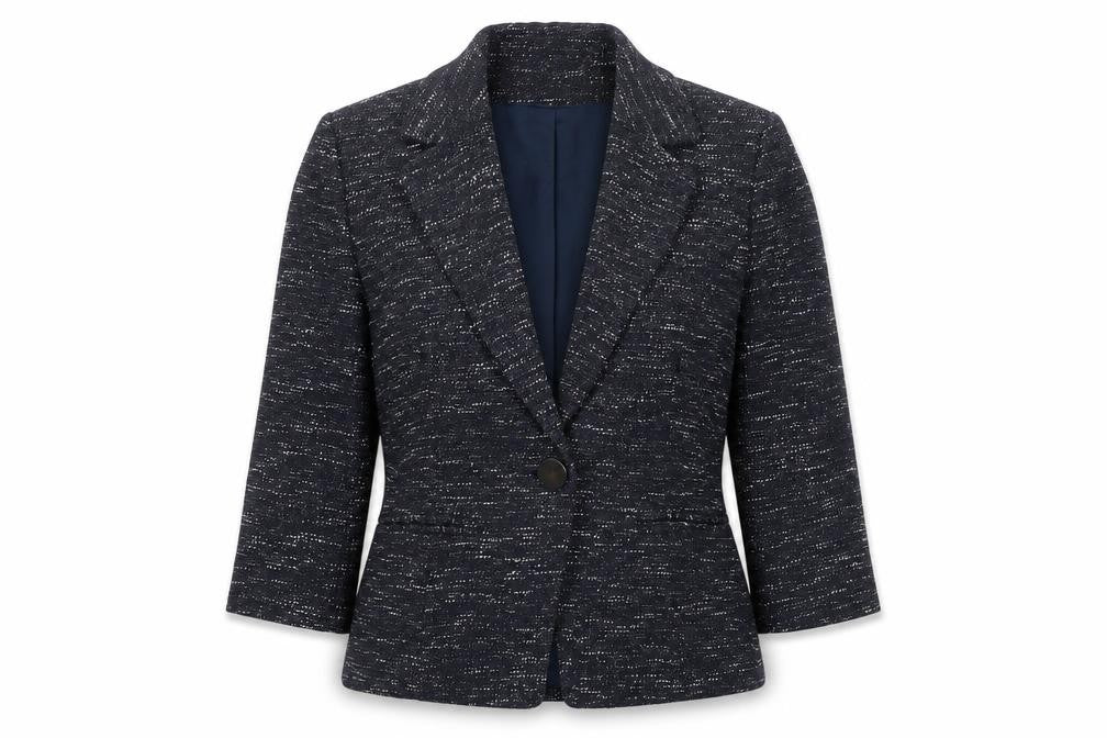 Front view of Alex & Co women’s blue cotton jacket blazer, size UK 12