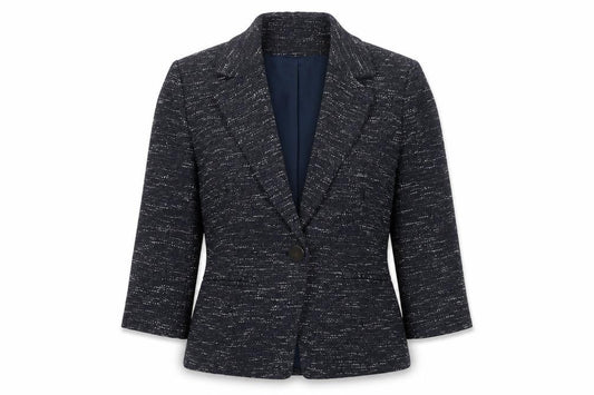 Front view of Alex & Co women’s blue cotton jacket blazer, size UK 12