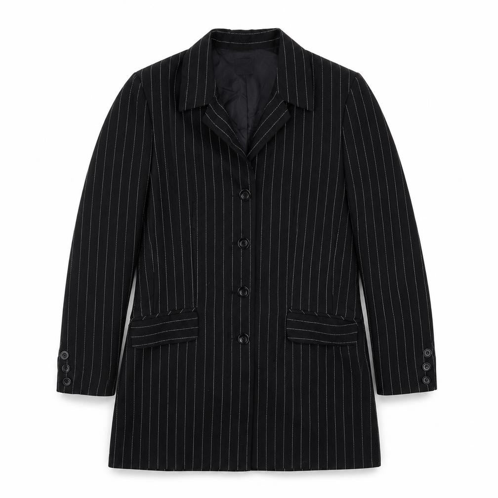 Front view of ELVI women’s black striped polyester jacket suit jacket, size UK 14