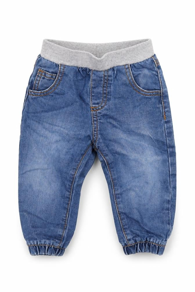 Front view of F&F boys’ blue cotton jogger jeans, size 9, months pullover
