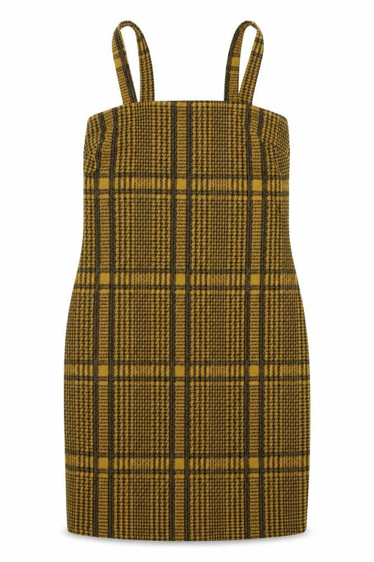 Front view of Primark women’s yellow plaid polyester shift, size UK 8, square neck pullover