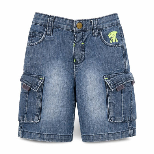 Front view of Rocha Little Rocha boys’ blue cotton cropped jeans, size 12-18, months snap