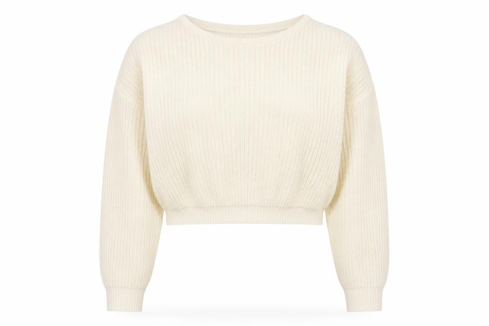 Front view of PRETTYLITTLETHING women’s white round neck acrylic jumper, size S