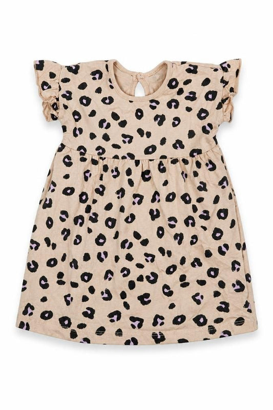 Front view of George girls’ beige animal print 100% cotton skater dress, size 9-12, months round neck pullover