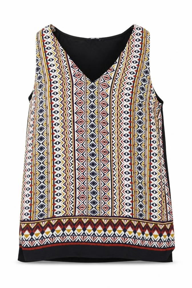 Front view of F&F women’s multicoloured geometric viscose basic blouse, size UK 14, round neck