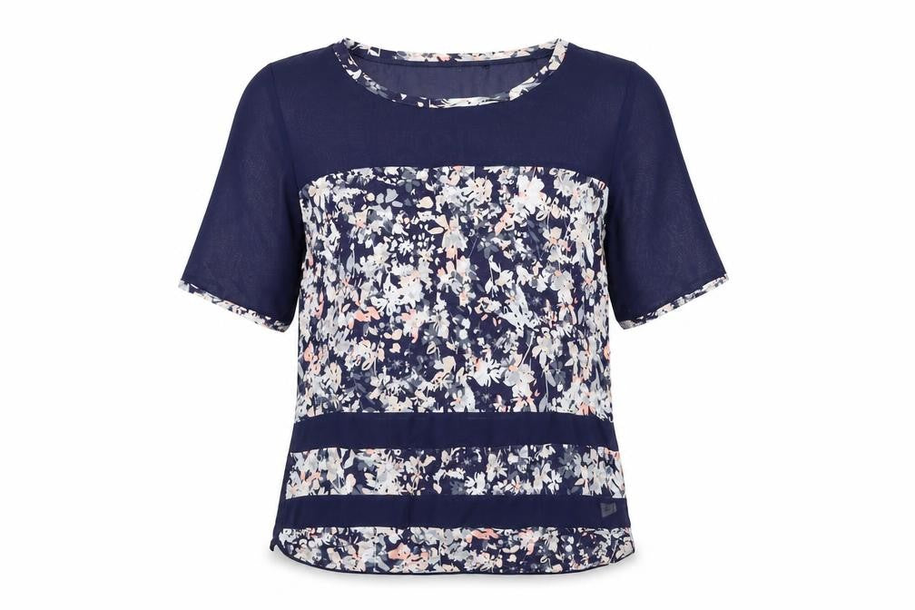 Front view of Next women’s blue floral viscose basic blouse, size UK 10, round neck