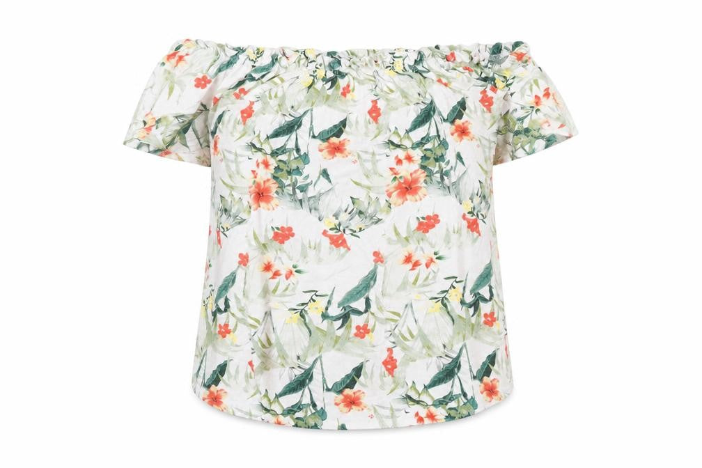 Front view of Peacocks women’s white floral viscose basic t-shirt, size UK 8, off the shoulder