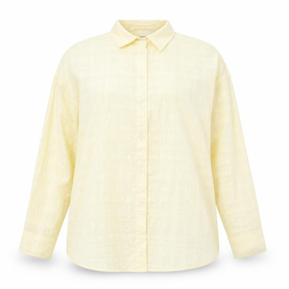 Front view of Damart women’s yellow polyester basic button-up, size UK 16, round neck