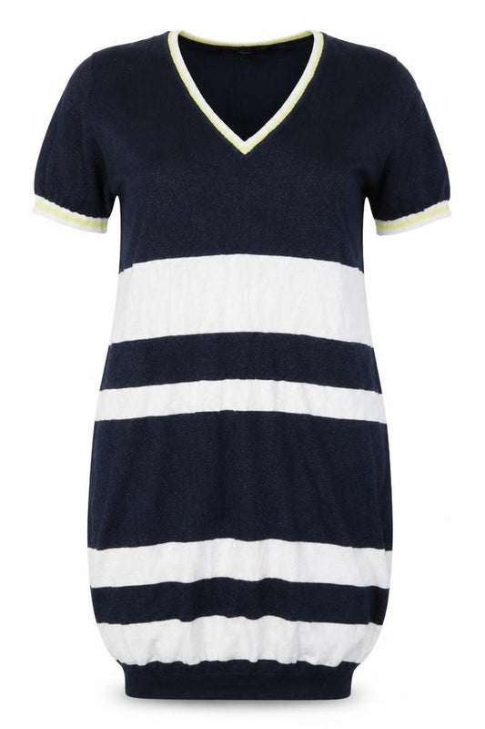 Front view of Next women’s blue striped cotton jumper dress, size UK 10, v-neck pullover
