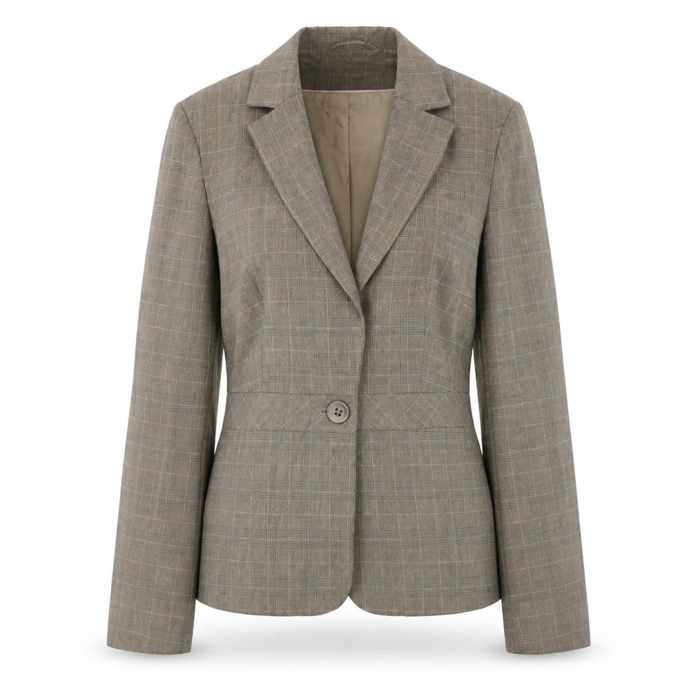 Front view of AMARANTO women’s brown plaid polyester jacket blazer, size UK 12