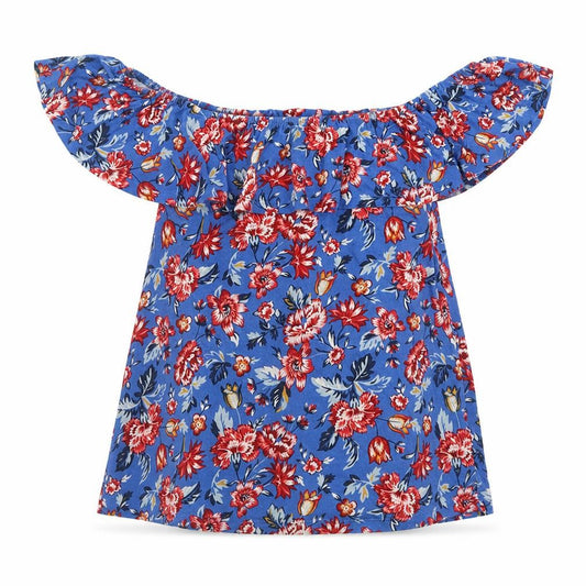 Front view of Springfield women’s blue floral viscose basic t-shirt, size XS, off the shoulder
