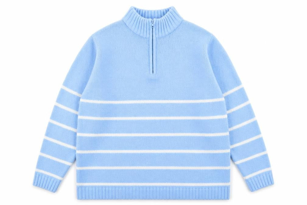 Front view of Berkertex women’s blue high neck striped acrylic jumper, size UK 14