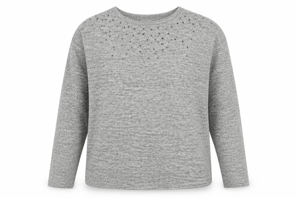 Front view of Tu women’s grey crew neck polyester jumper, size UK 8