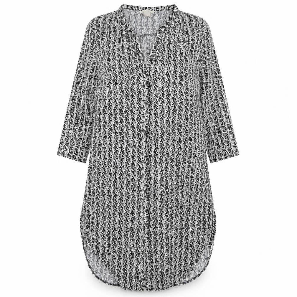 Front view of H&M women’s black geometric polyester shirt dress, size S, v-neck button