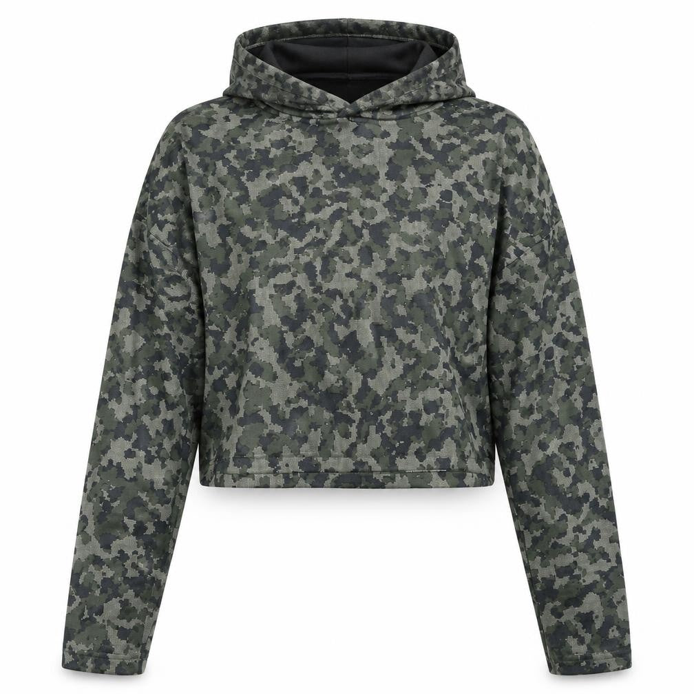 Front view of Atmosphere women’s green camouflage polyester pullover hoodie, size UK 14, pullover - cropped