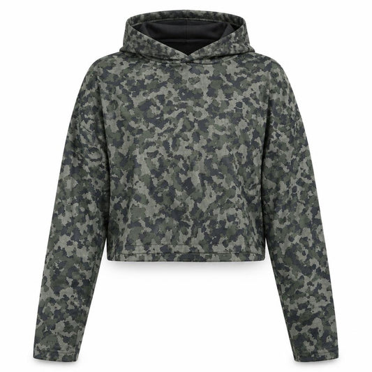 Front view of Atmosphere women’s green camouflage polyester pullover hoodie, size UK 14, pullover - cropped