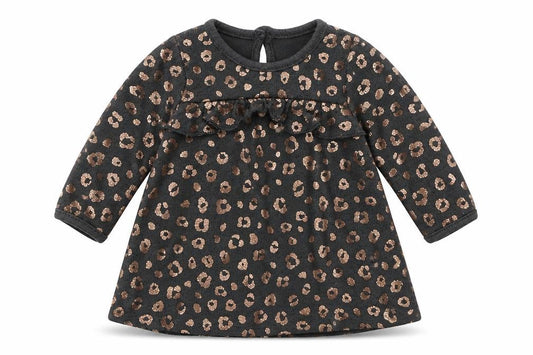 Front view of George girls’ multicoloured animal print viscose jumper dress, size 0-3, months round neck