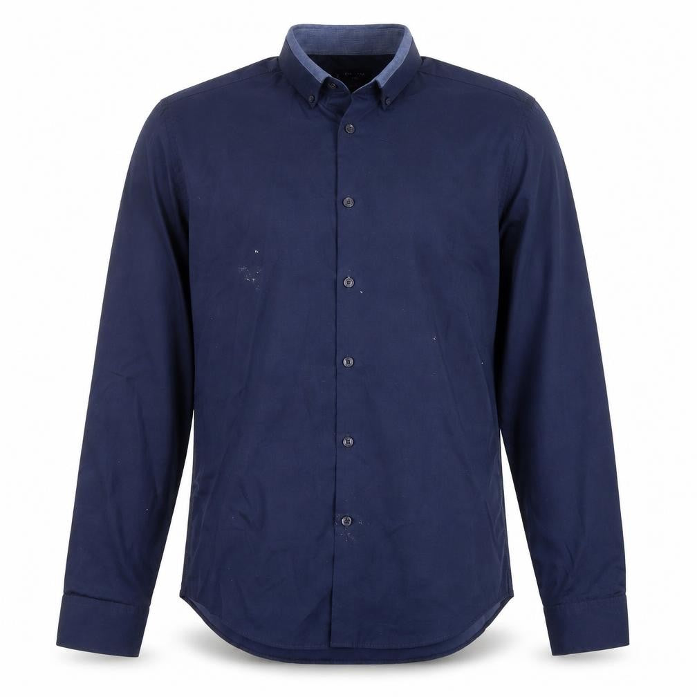 Front view of New Look men’s blue polyester button-up, size S, collared
