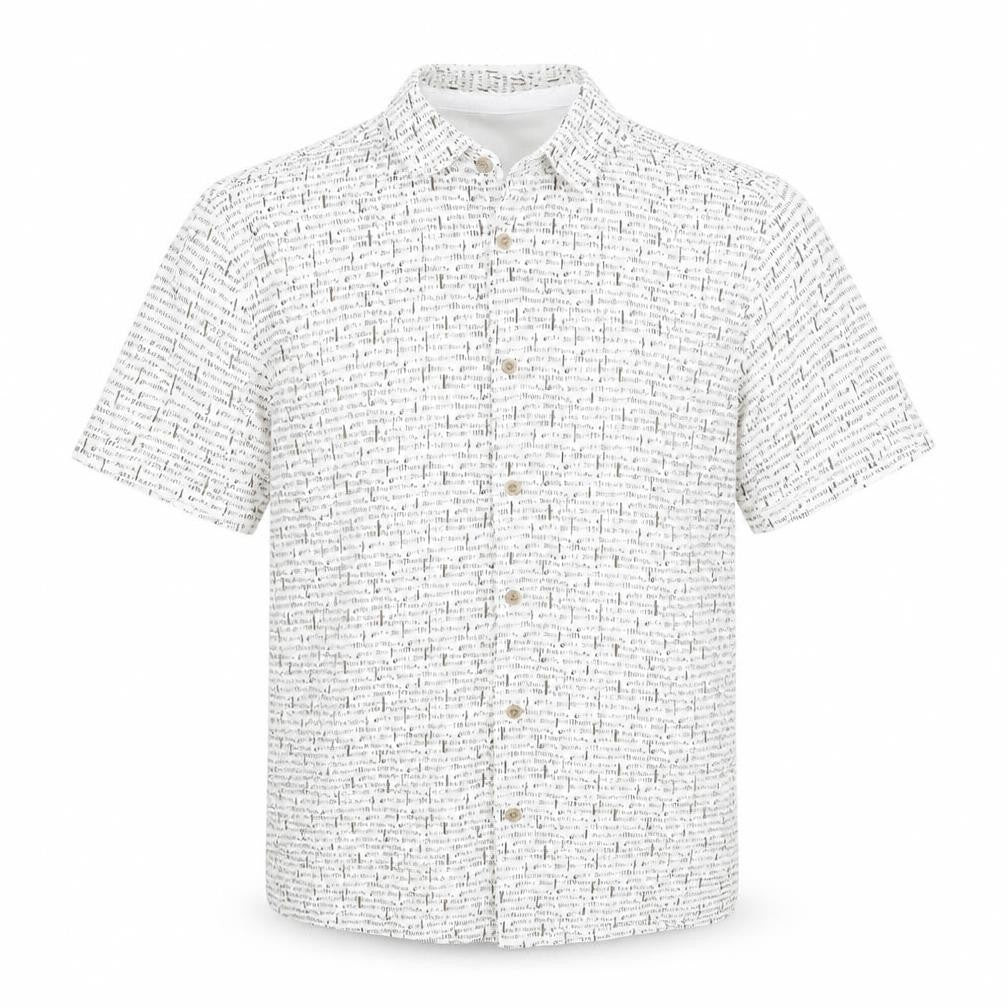 Front view of Easy men’s multicoloured geometric cotton button-up, size L, collared
