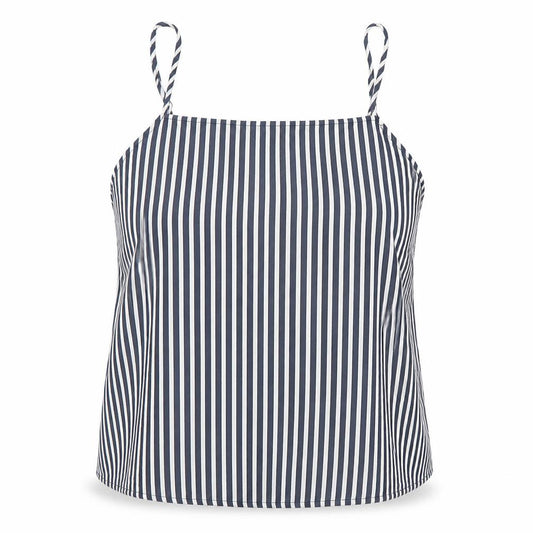 Front view of H&M women’s multicoloured striped viscose cropped tank, size UK 10, round neck