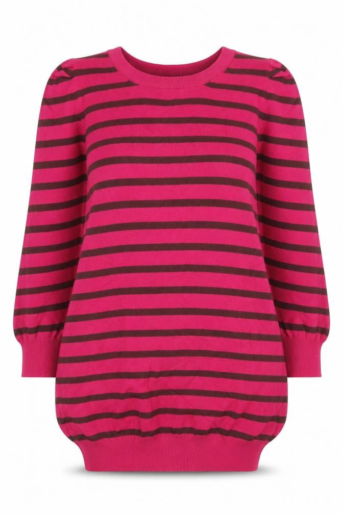 Front view of Next women’s pink round neck striped viscose jumper, size UK 8