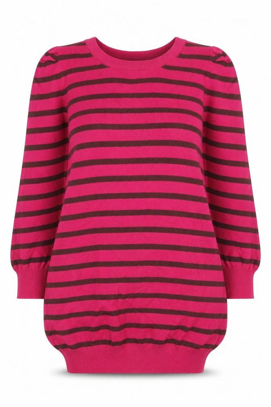 Front view of Next women’s pink round neck striped viscose jumper, size UK 8