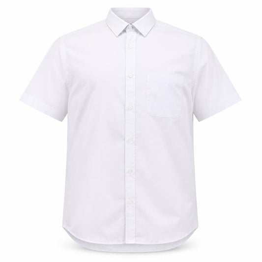 Front view of Marks & Spencer men’s white polyester button-up, size 16, collared button