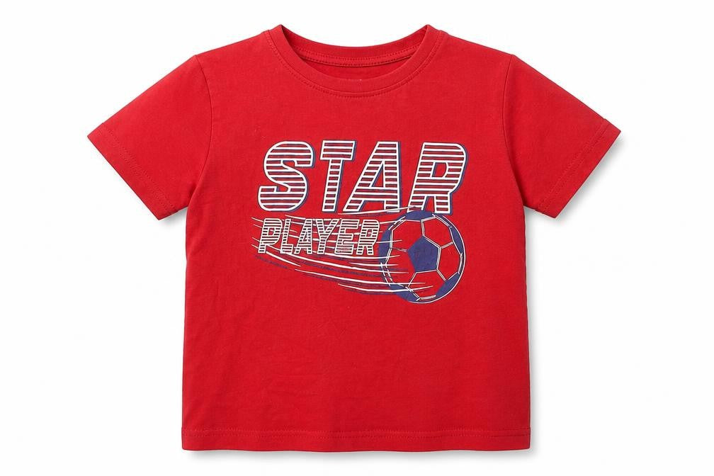Front view of Primark boys’ red 100% cotton basic t-shirt, size 5-6, years round neck pullover
