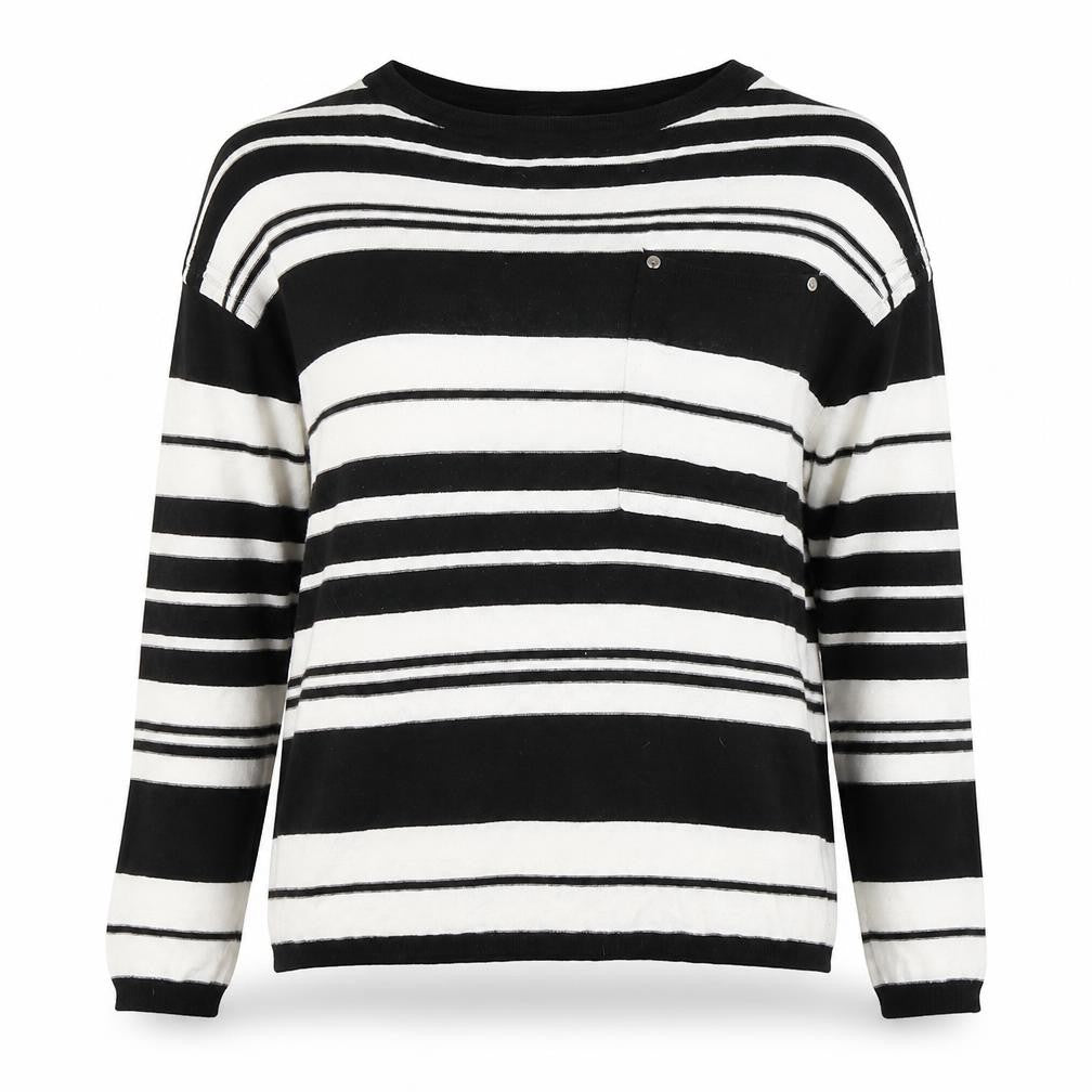 Front view of Next women’s black boat neck striped cotton jumper, size UK 10