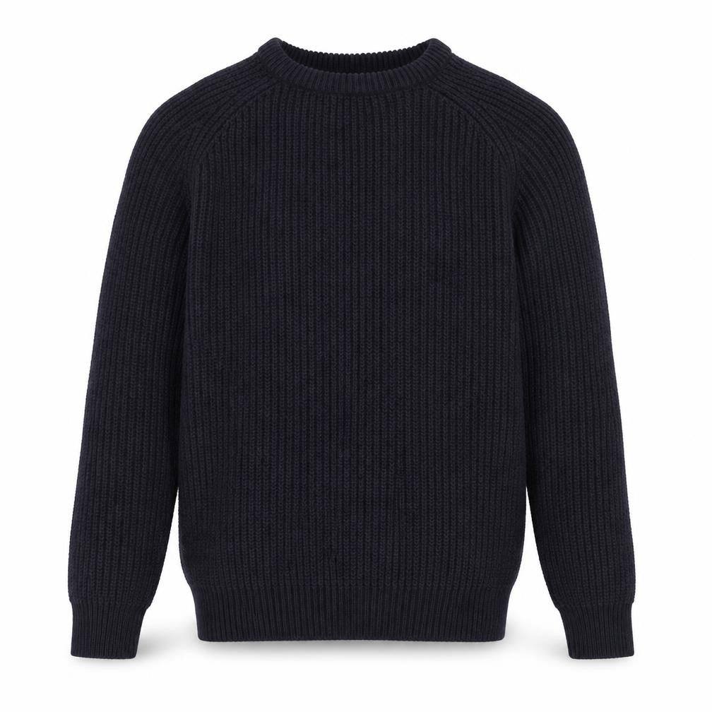 Front view of Dunnes men’s blue round neck acrylic jumper, size M