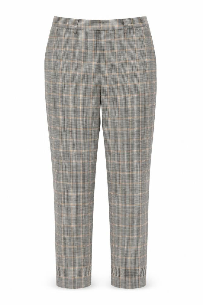 Front view of Oui women’s grey check polyester carrot trousers, size UK 10, 26-inch leg regular zip