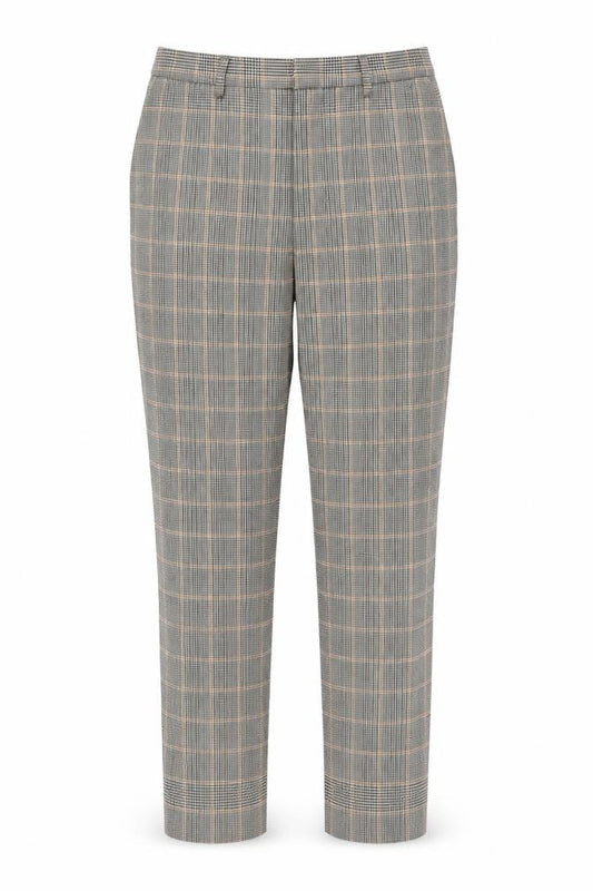 Front view of Oui women’s grey check polyester carrot trousers, size UK 10, 26-inch leg regular zip