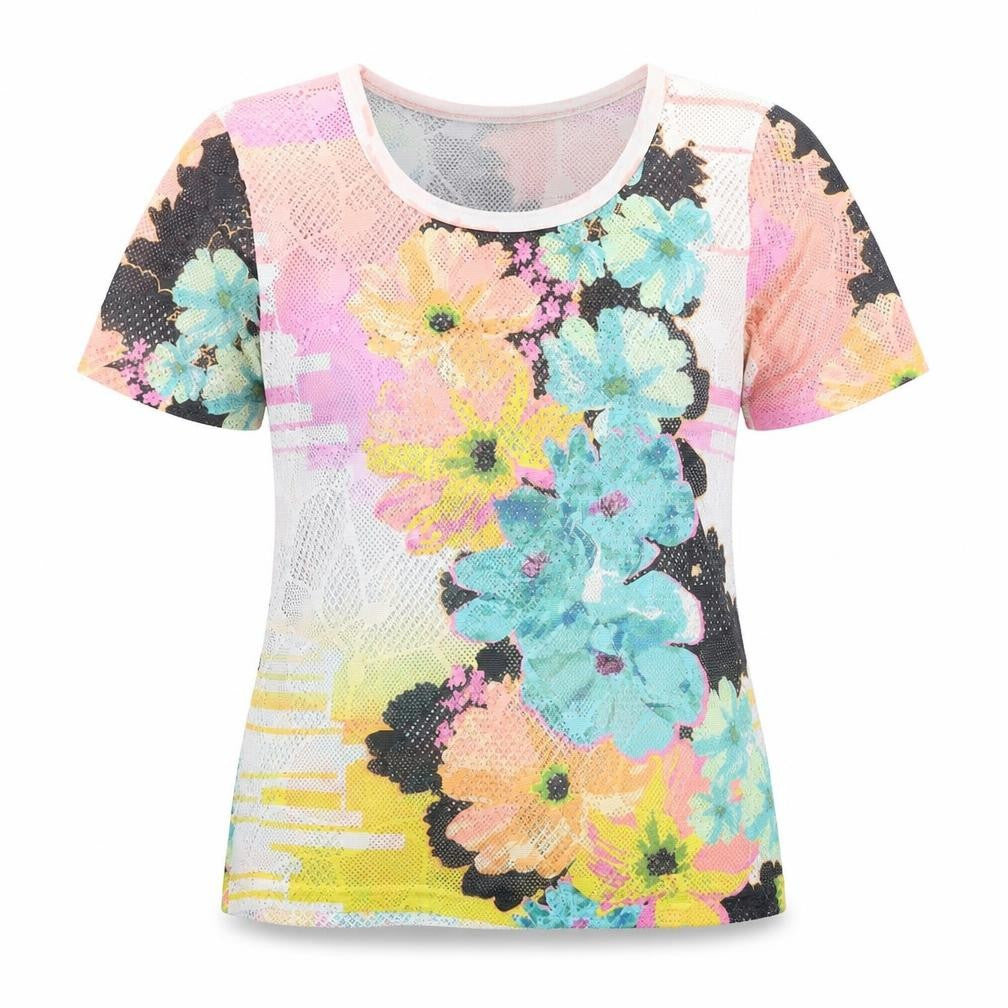Front view of Gerard women’s multicoloured floral polyester basic t-shirt, size S, round neck - mesh