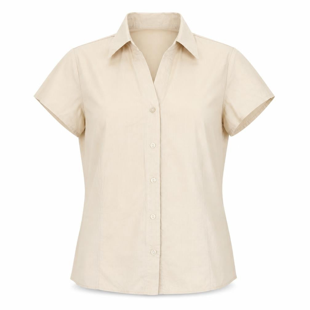 Front view of BHS women’s beige polyester basic button-up, size UK 12, collared