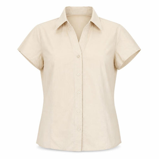 Front view of BHS women’s beige polyester basic button-up, size UK 12, collared