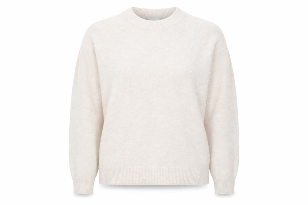 Front view of H&M women’s beige crew neck polyester jumper, size M
