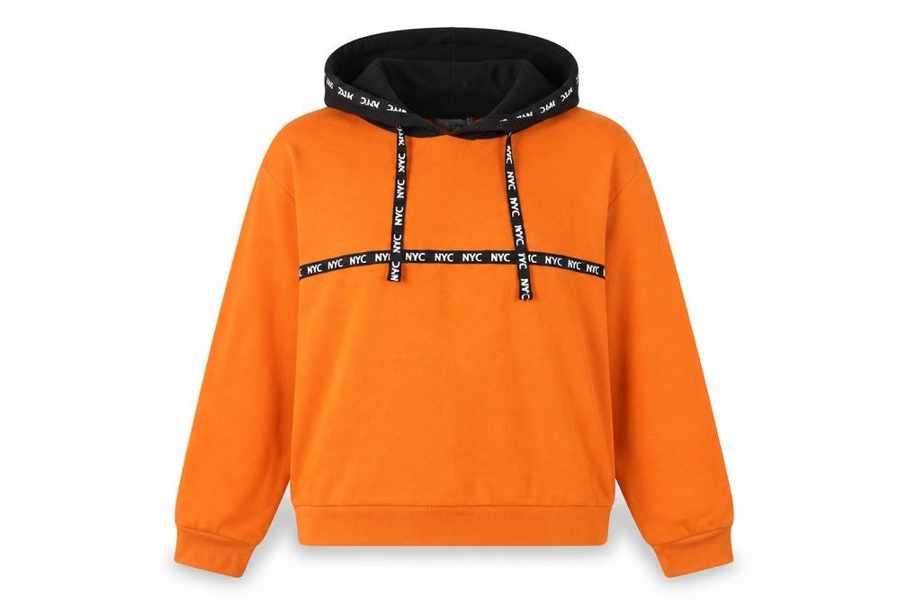 Front view of Primark women’s orange polyester pullover hoodie, size UK 12, pullover - nyc