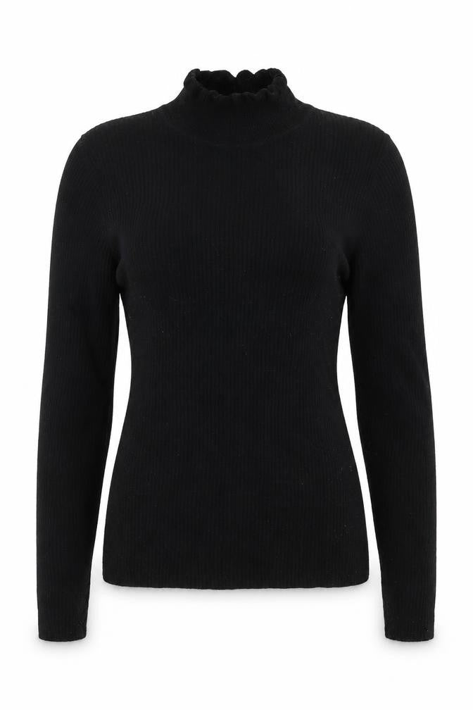 Front view of New Look women’s black mock neck viscose jumper, size UK 10