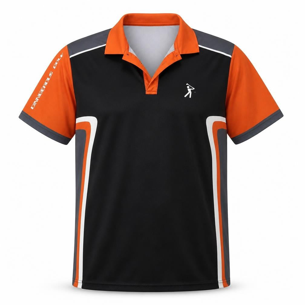 Front view of Dangerous Gold men’s black striped polyester polo, size L, collared pullover - orange