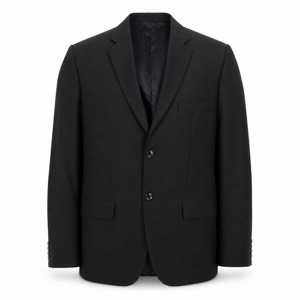 Front view of Preworn men’s black check polyester jacket suit jacket, size 40