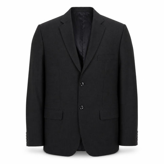 Front view of Preworn men’s black check polyester jacket suit jacket, size 40