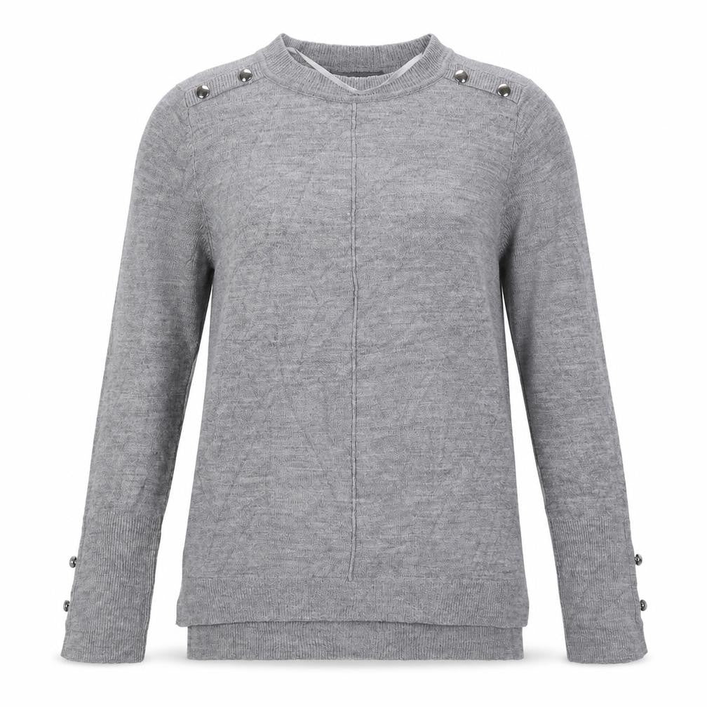 Front view of Primark women’s grey crew neck acrylic jumper, size UK 6