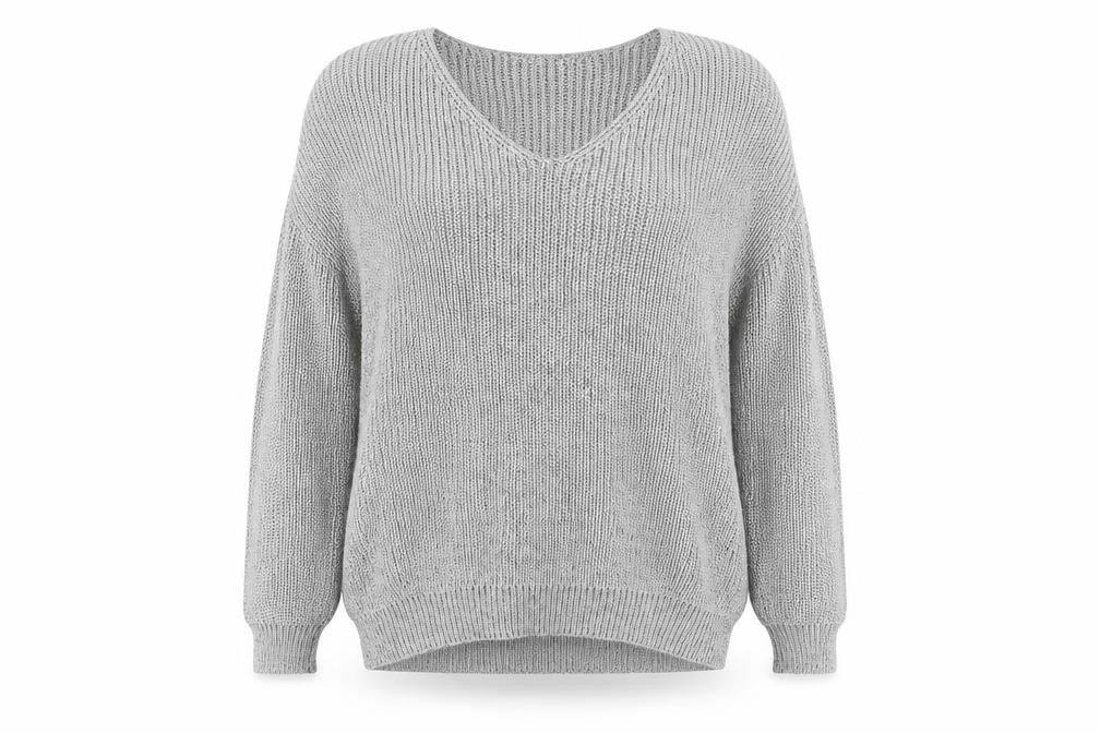 Front view of Primark women’s grey v-neck polyester jumper, size UK 14