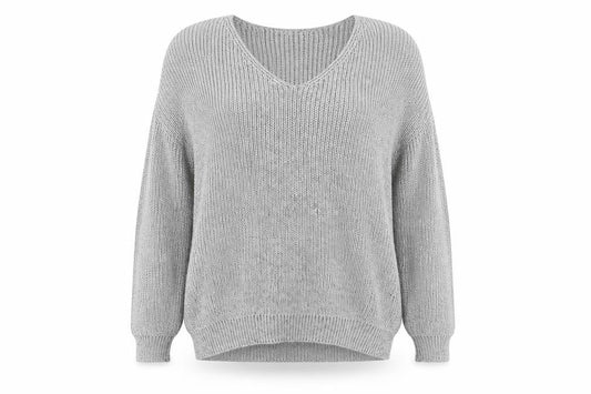 Front view of Primark women’s grey v-neck polyester jumper, size UK 14