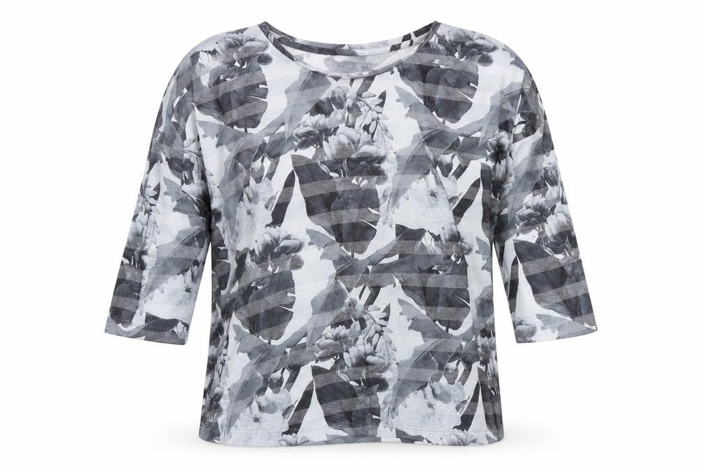 Front view of Next women’s grey geometric polyester basic t-shirt, size UK 10, round neck