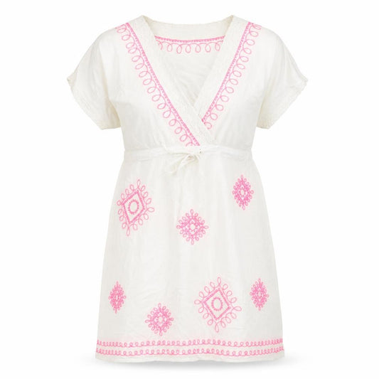Front view of Tu women’s white viscose kaftan, size S, v-neck tie - embroidered